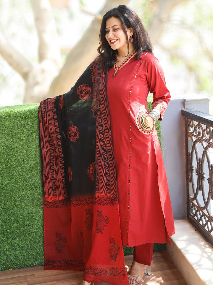 Chanda Maroon Red V Neck Lace Work with Pocket Cotton 3 Piece set
