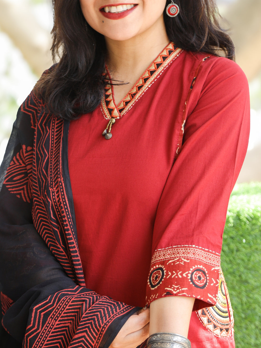 Chanda Maroon Red V Neck Lace Work with Pocket Cotton 3 Piece set