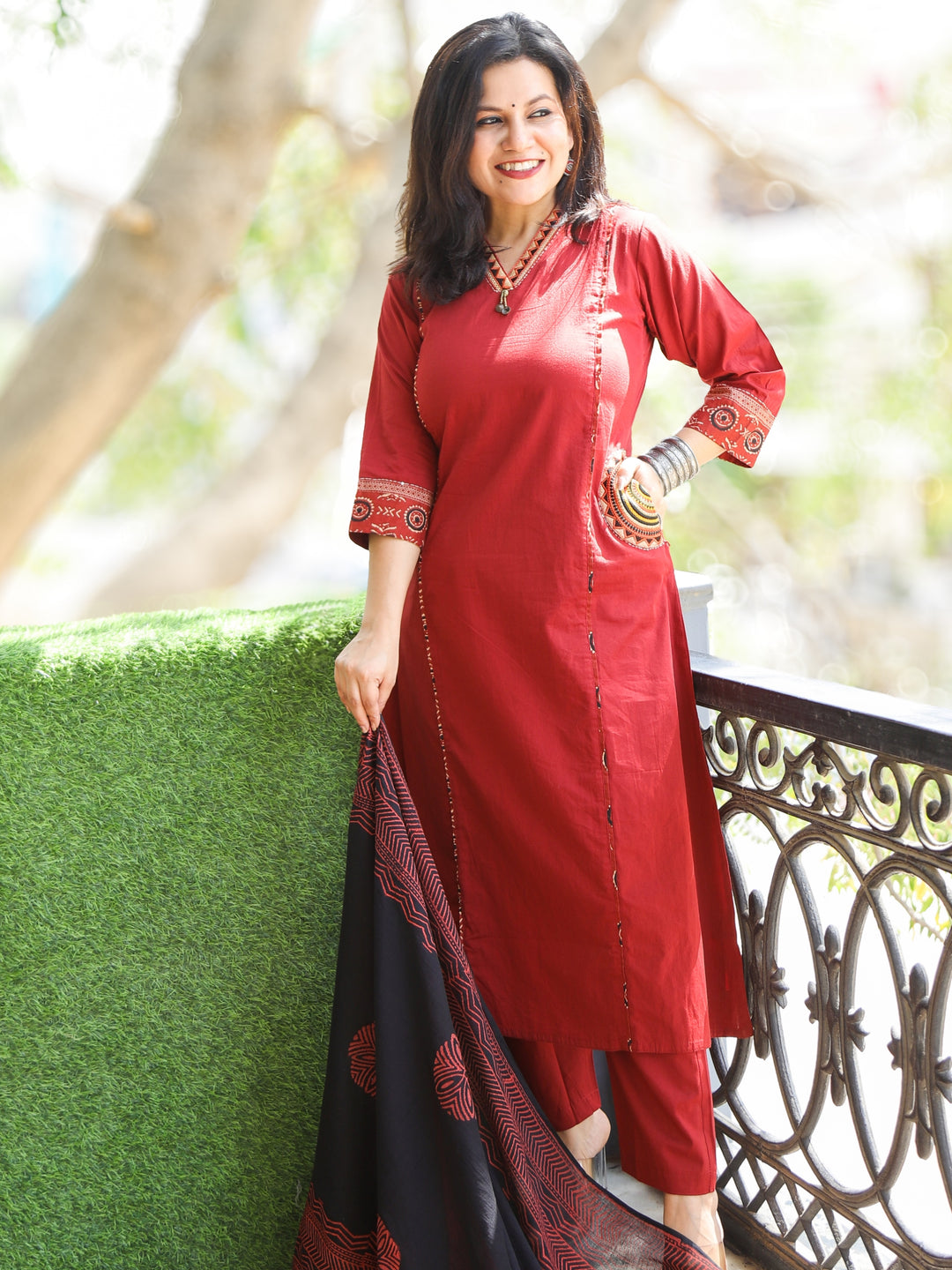 Chanda Maroon Red V Neck Lace Work with Pocket Cotton 3 Piece set