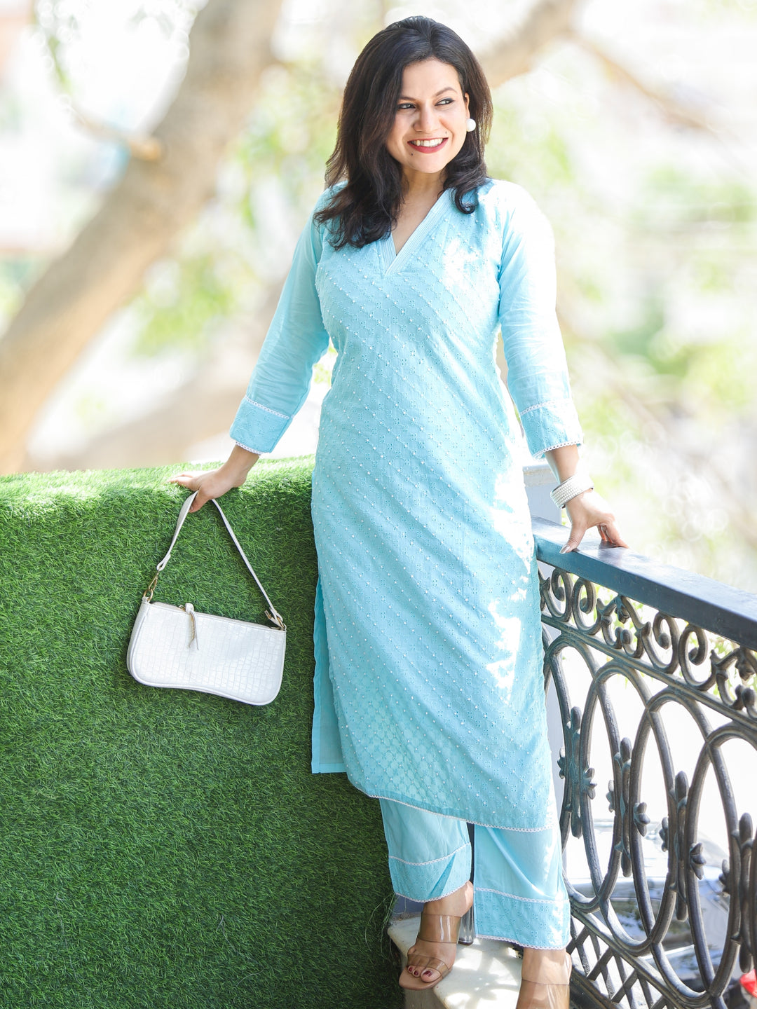 Chanda Baby Blue V Neck Thread Work French Knot in Cotton Schiffli 2 Piece Set