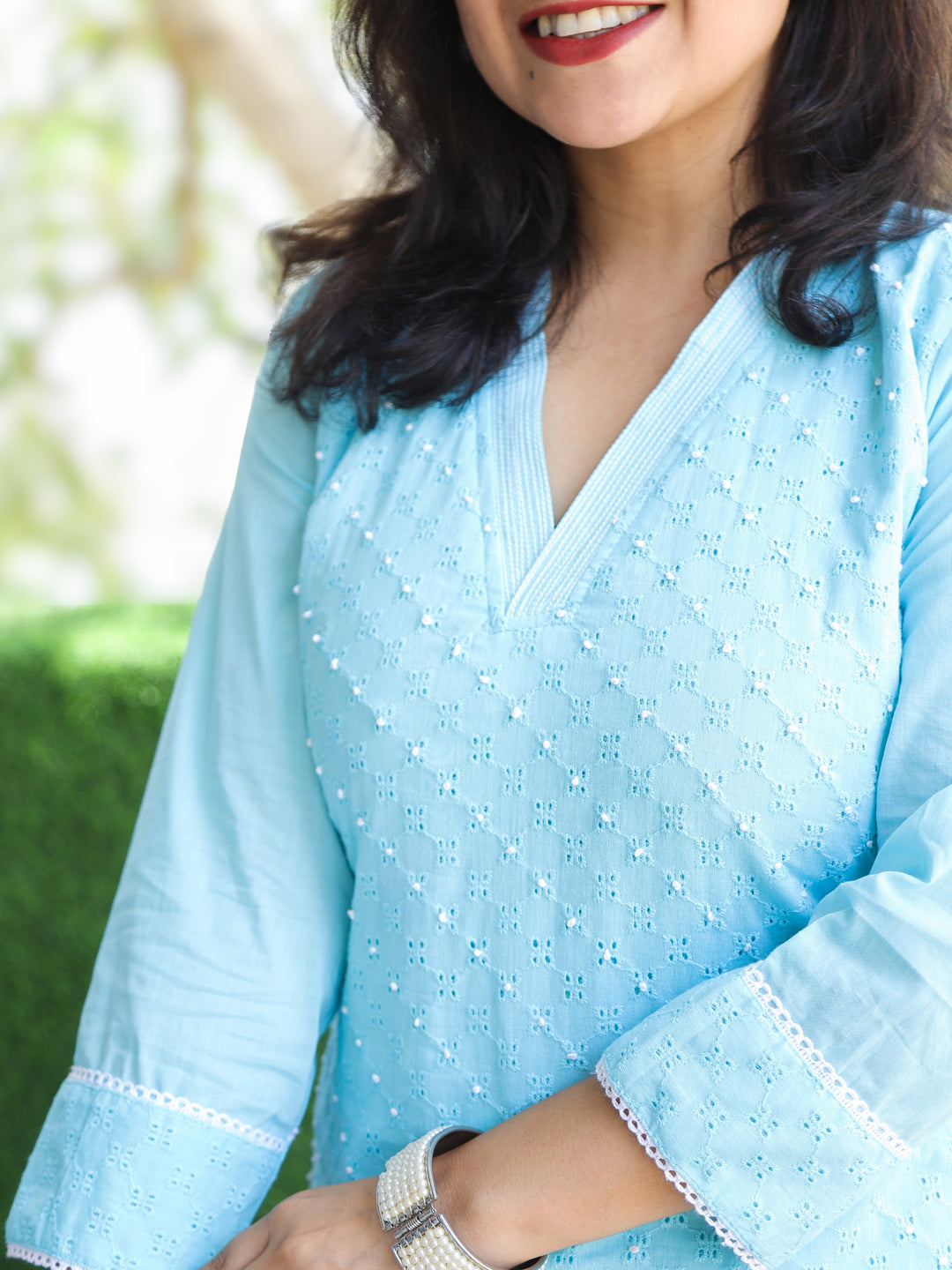 Chanda Baby Blue V Neck Thread Work French Knot in Cotton Schiffli 2 Piece Set