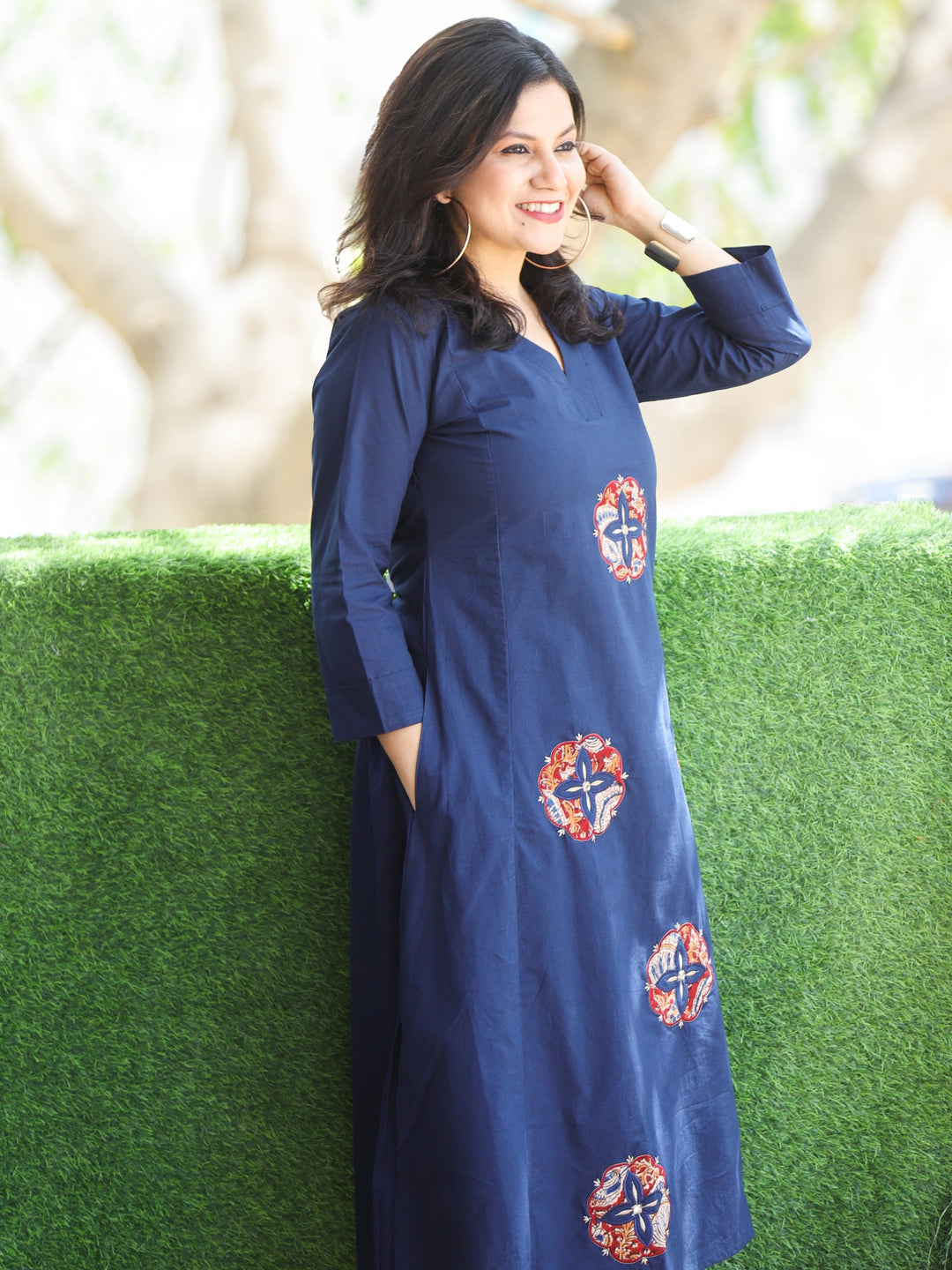 Chanda Royal Blue V Neck Applique Work with Mirror Cotton Co-Ord Set