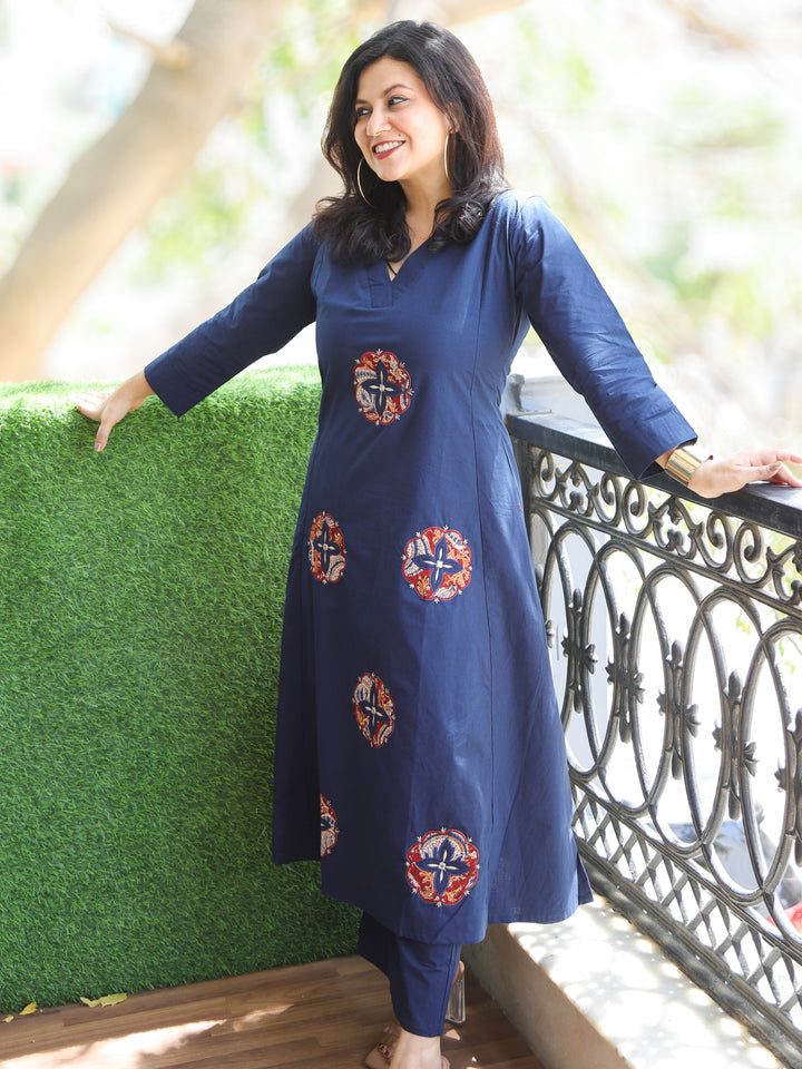 Chanda Royal Blue V Neck Applique Work with Mirror Cotton Co-Ord Set