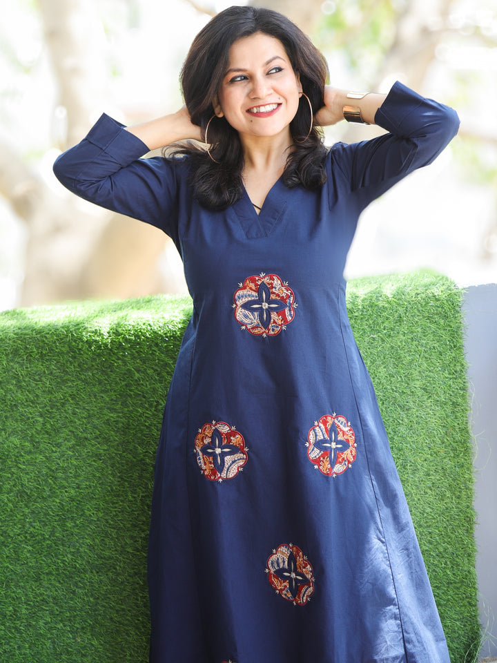 Chanda Royal Blue V Neck Applique Work with Mirror Cotton Co-Ord Set