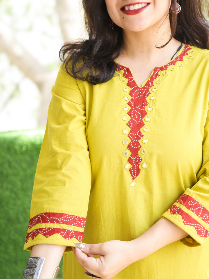 Chanda Dandelion Yellow V Neck with Mirror Applique Work 2 Piece Set