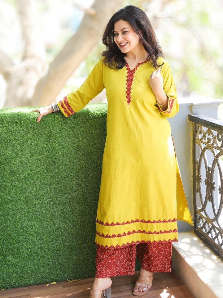 Chanda Dandelion Yellow V Neck with Mirror Applique Work 2 Piece Set