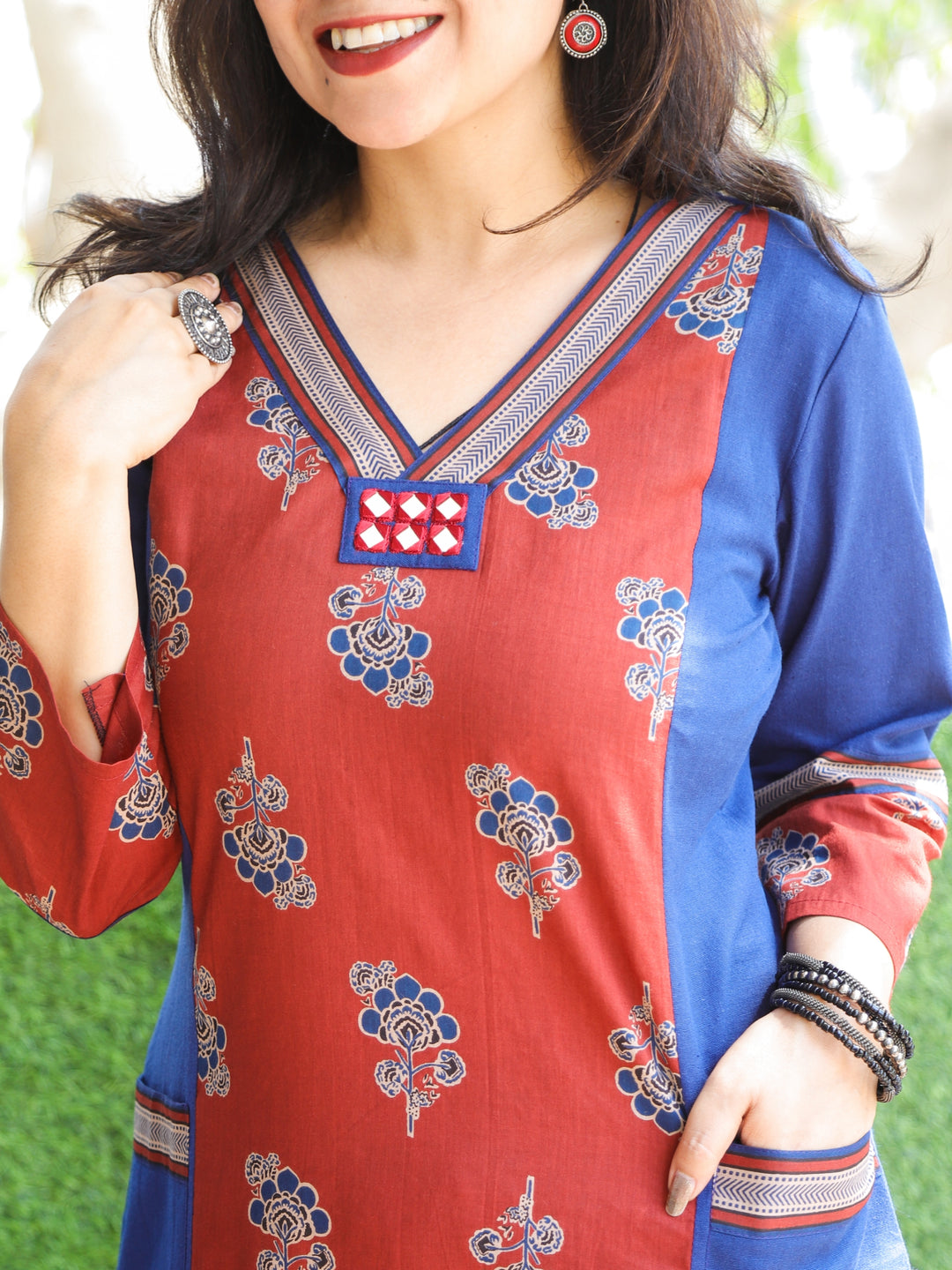 Maharaja Cerulean Blue V Neck Ajrak Panel with Pocket Cotton Kurti