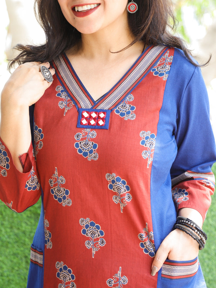 Maharaja Cerulean Blue V Neck Ajrak Panel with Pocket Cotton Kurti