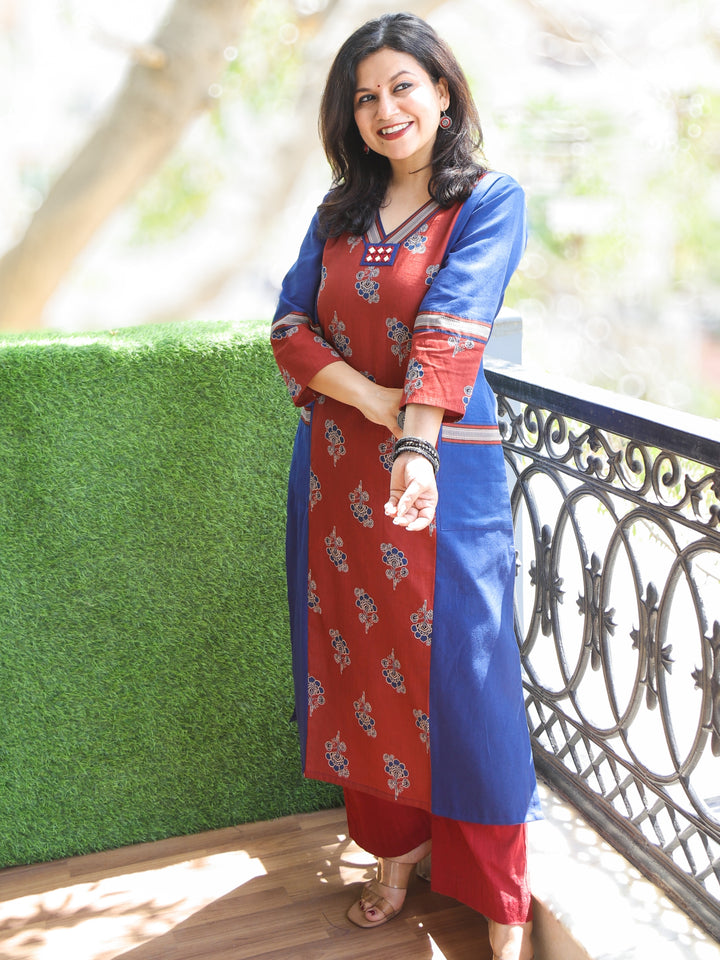 Maharaja Cerulean Blue V Neck Ajrak Panel with Pocket Cotton Kurti
