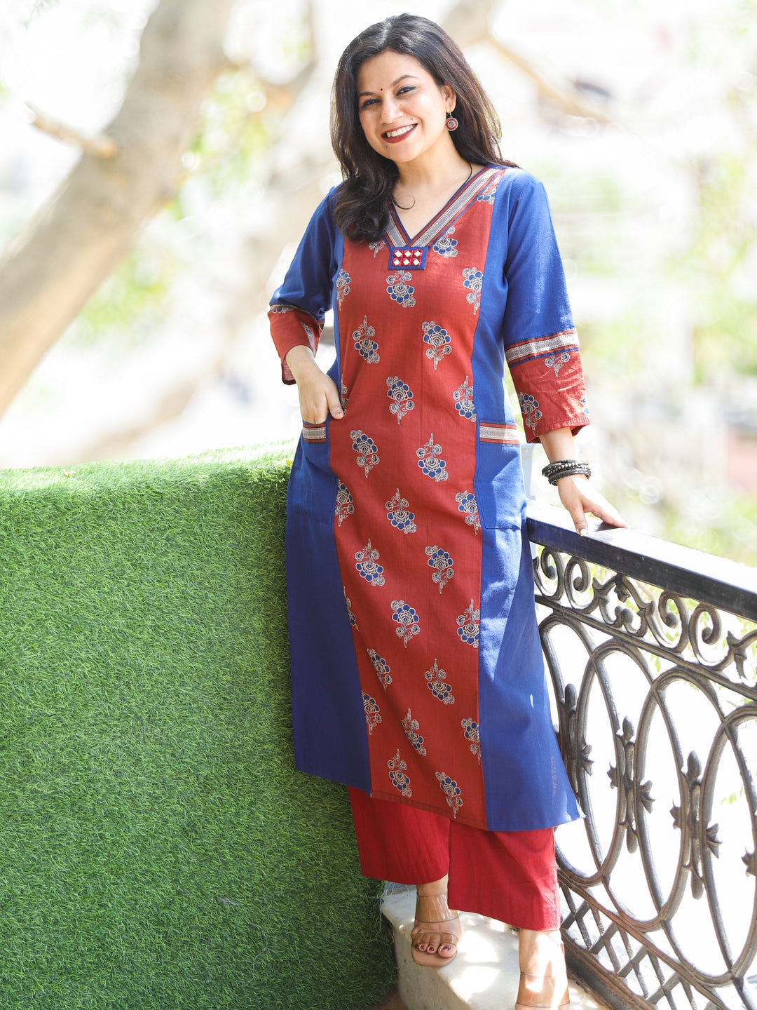 Maharaja Cerulean Blue V Neck Ajrak Panel with Pocket Cotton Kurti