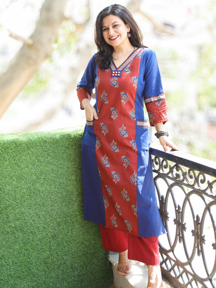Maharaja Cerulean Blue V Neck Ajrak Panel with Pocket Cotton Kurti