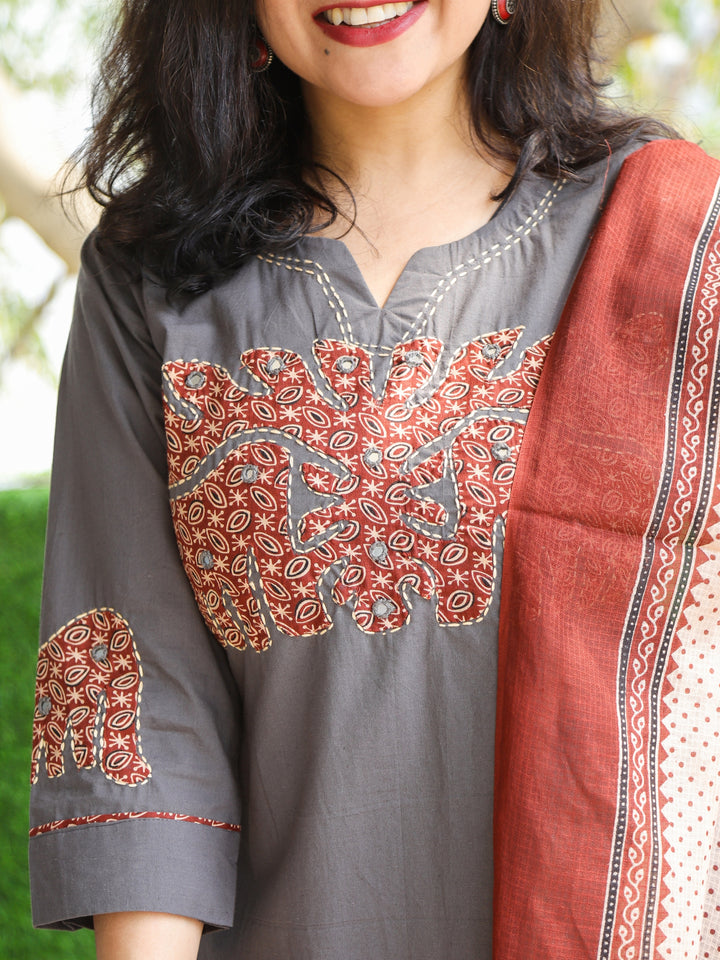 Pankhudi Slate Gray Hand Applique with Kantha and Mirror Work Cotton 3 Piece Set