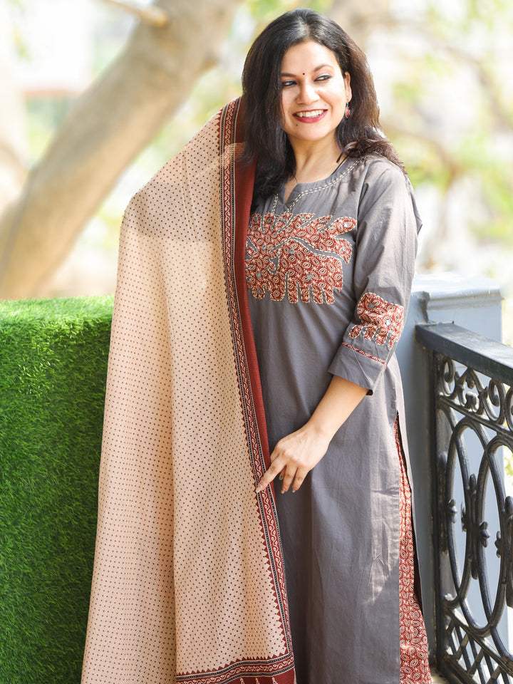 Pankhudi Slate Gray Hand Applique with Kantha and Mirror Work Cotton 3 Piece Set