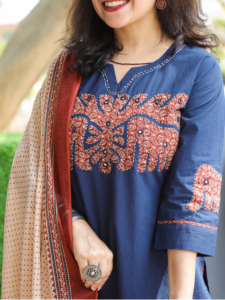 Pankhudi Royal Blue Hand Applique with Kantha and Mirror Work Cotton 3 Piece Set