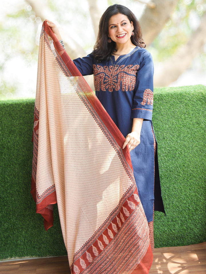 Pankhudi Royal Blue Hand Applique with Kantha and Mirror Work Cotton 3 Piece Set