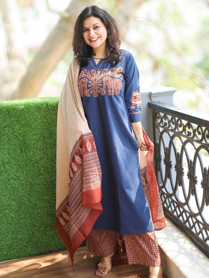 Pankhudi Royal Blue Hand Applique with Kantha and Mirror Work Cotton 3 Piece Set