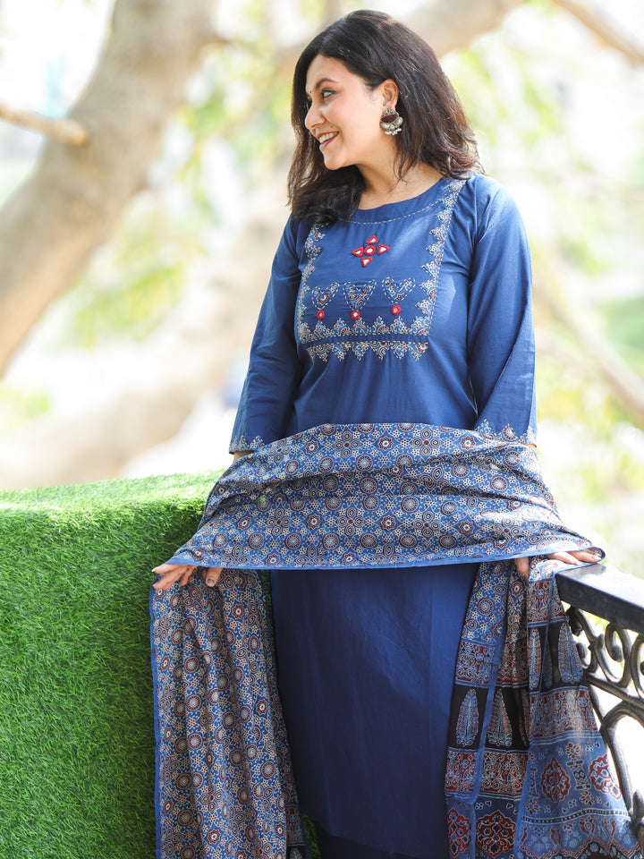 Pankhudi Blueberry Blue Hand Applique with Mirror Work Cotton 3 Piece Set