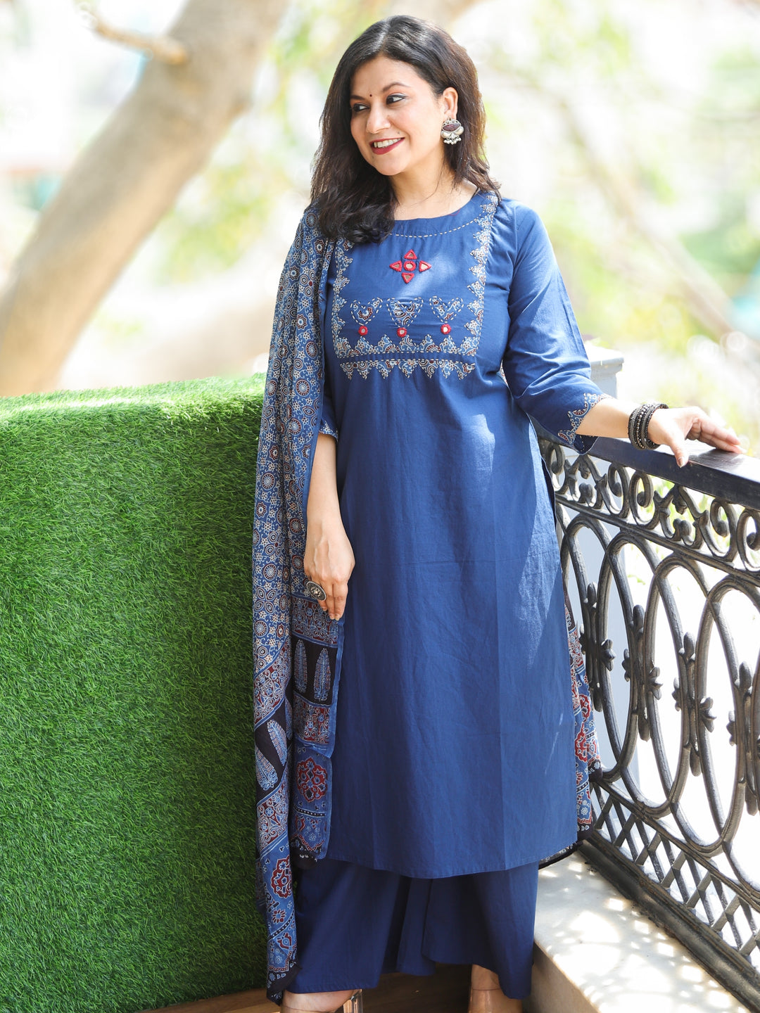 Pankhudi Blueberry Blue Hand Applique with Mirror Work Cotton 3 Piece Set
