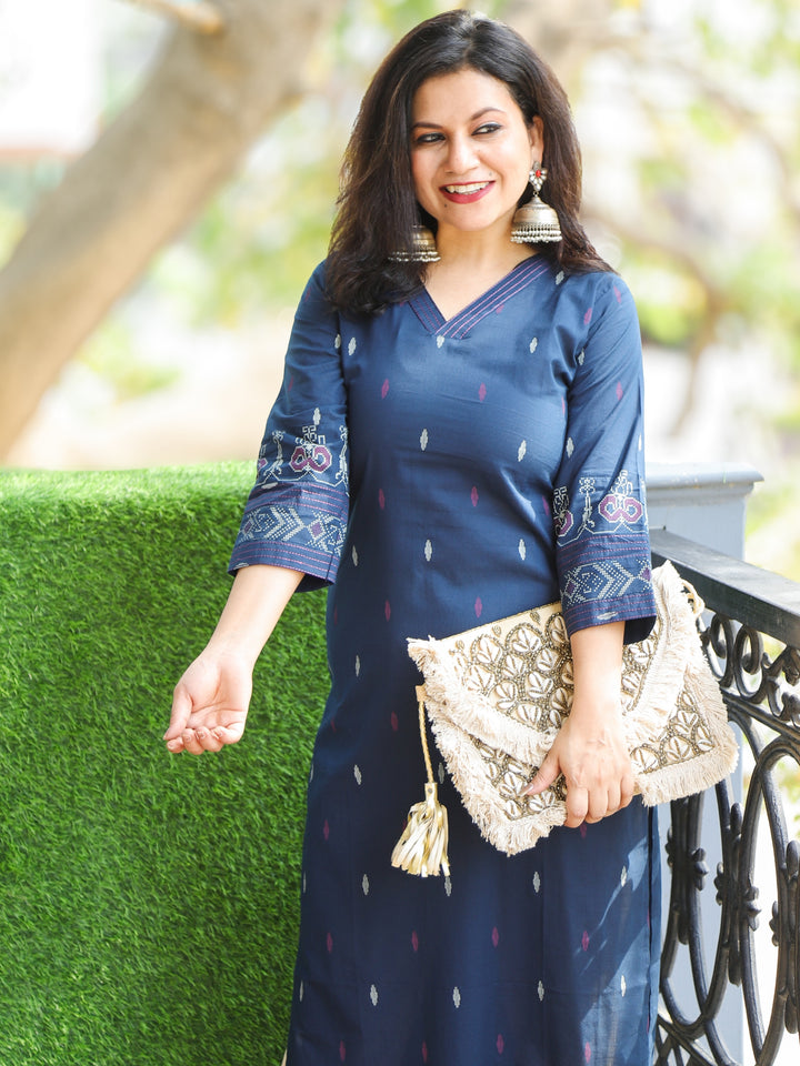 Pankhudi Royal Navy Blue V Neck Printed Work Cotton Kurti