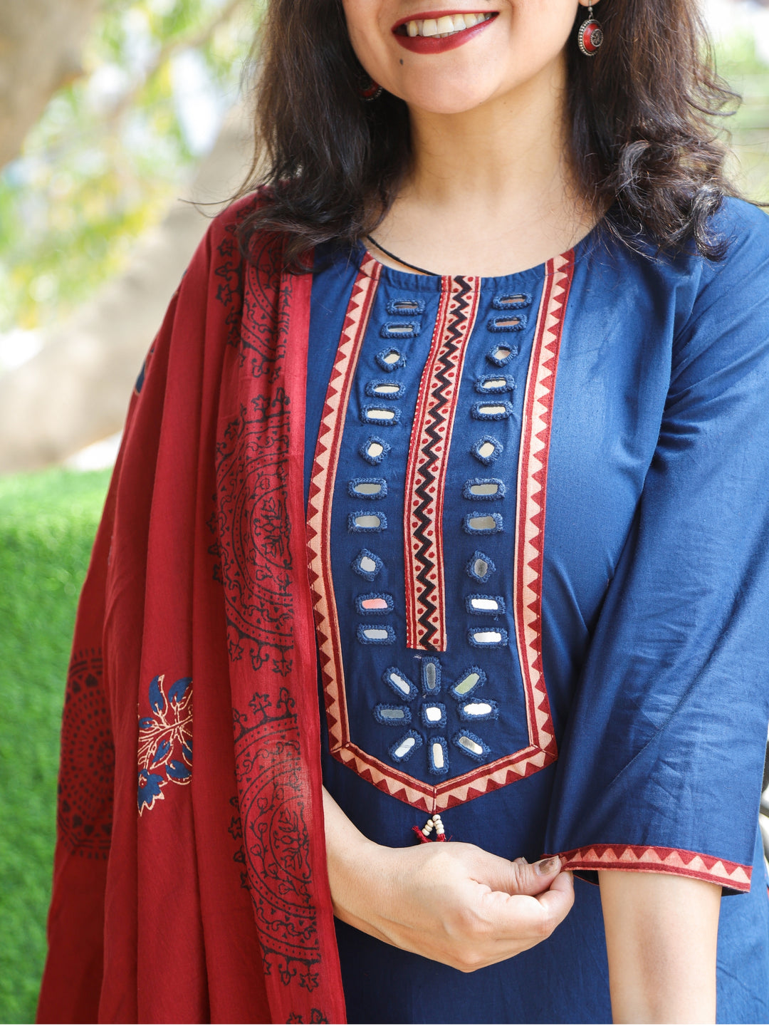 Pankhudi Royal Blue Mirror Neck Work with Hanging Cotton 3 Piece Set