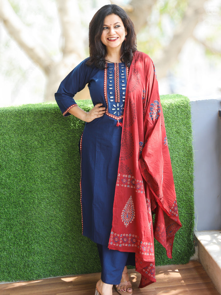Pankhudi Royal Blue Mirror Neck Work with Hanging Cotton 3 Piece Set