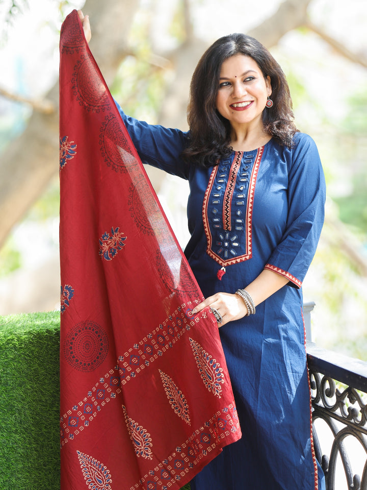 Pankhudi Royal Blue Mirror Neck Work with Hanging Cotton 3 Piece Set