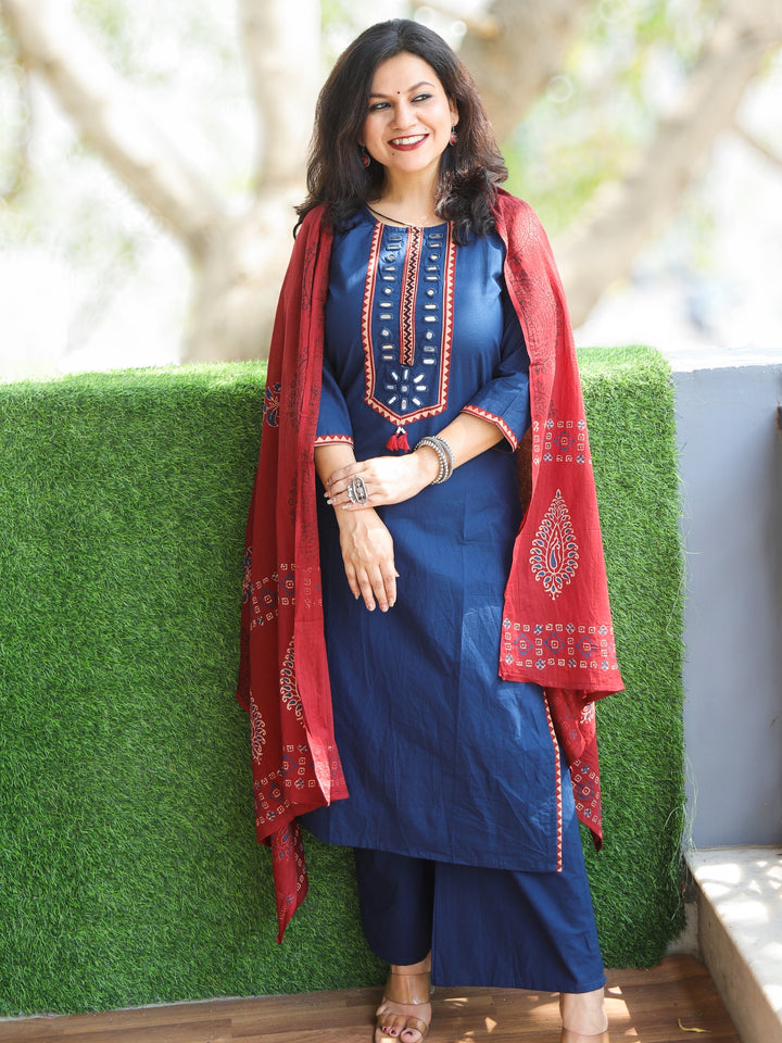 Pankhudi Royal Blue Mirror Neck Work with Hanging Cotton 3 Piece Set