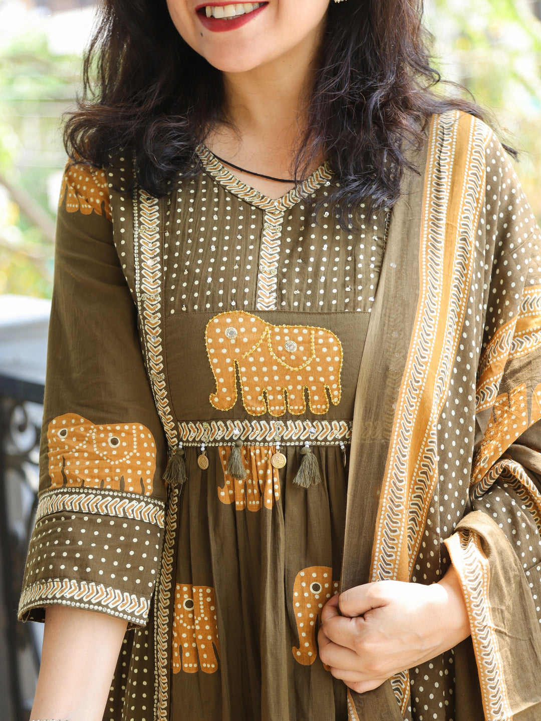 Pankhudi Olive Green Kardana Embellish Neckline Gajj Printed Cotton 3 Piece Set