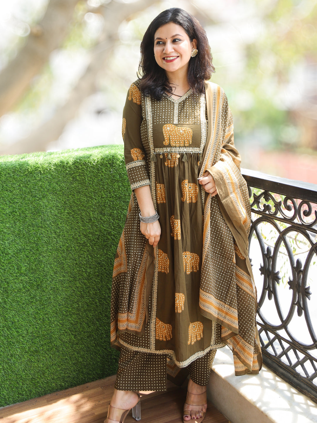 Pankhudi Olive Green Kardana Embellish Neckline Gajj Printed Cotton 3 Piece Set
