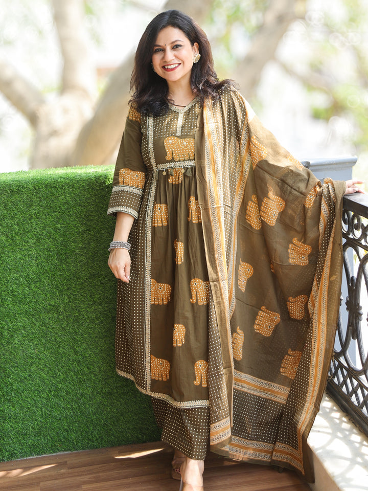 Pankhudi Olive Green Kardana Embellish Neckline Gajj Printed Cotton 3 Piece Set