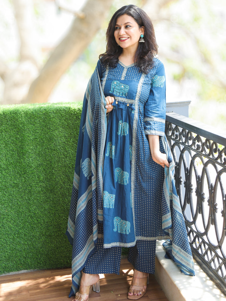 Pankhudi Cerulean Blue Kardana Embellish Neckline Gajj Printed Cotton 3 Piece Set