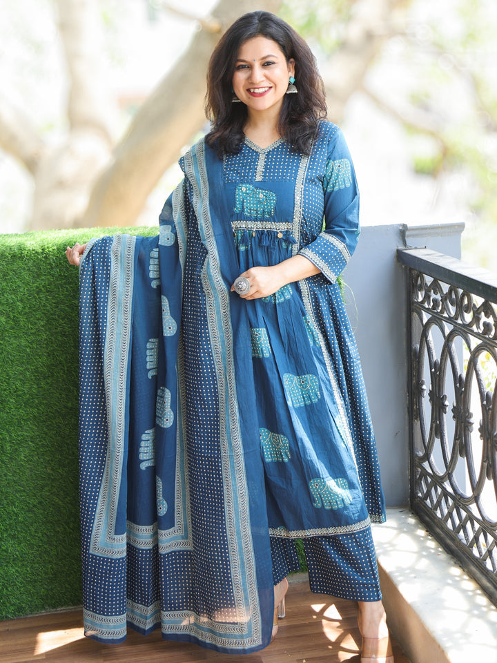 Pankhudi Cerulean Blue Kardana Embellish Neckline Gajj Printed Cotton 3 Piece Set