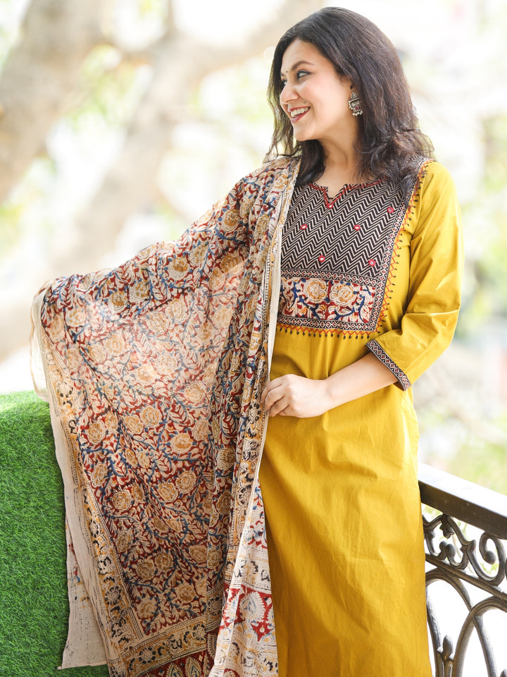 Pankhudi Dijon Yellow Zig-Zag Print Patch with Mirror Detailing Cotton 3 Piece Set