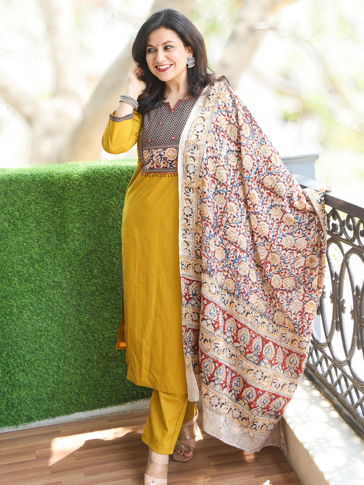 Pankhudi Dijon Yellow Zig-Zag Print Patch with Mirror Detailing Cotton 3 Piece Set
