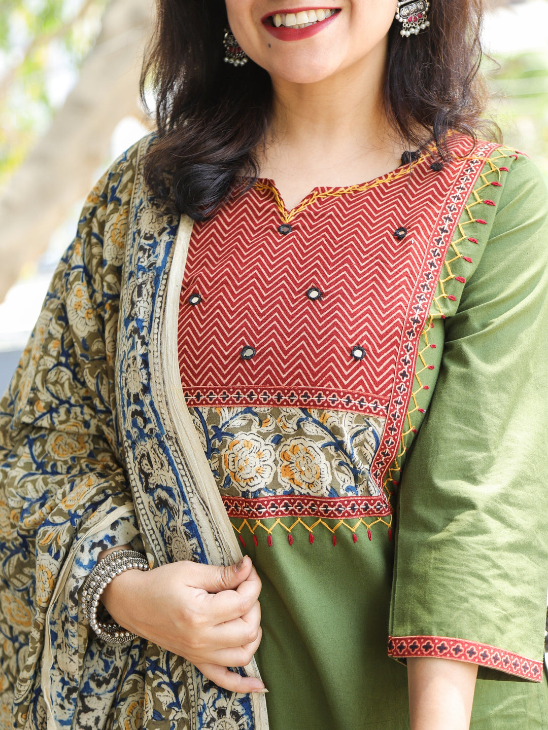 Pankhudi Forest Green Zig-Zag Print Patch with Mirror Detailing Cotton 3 Piece Set