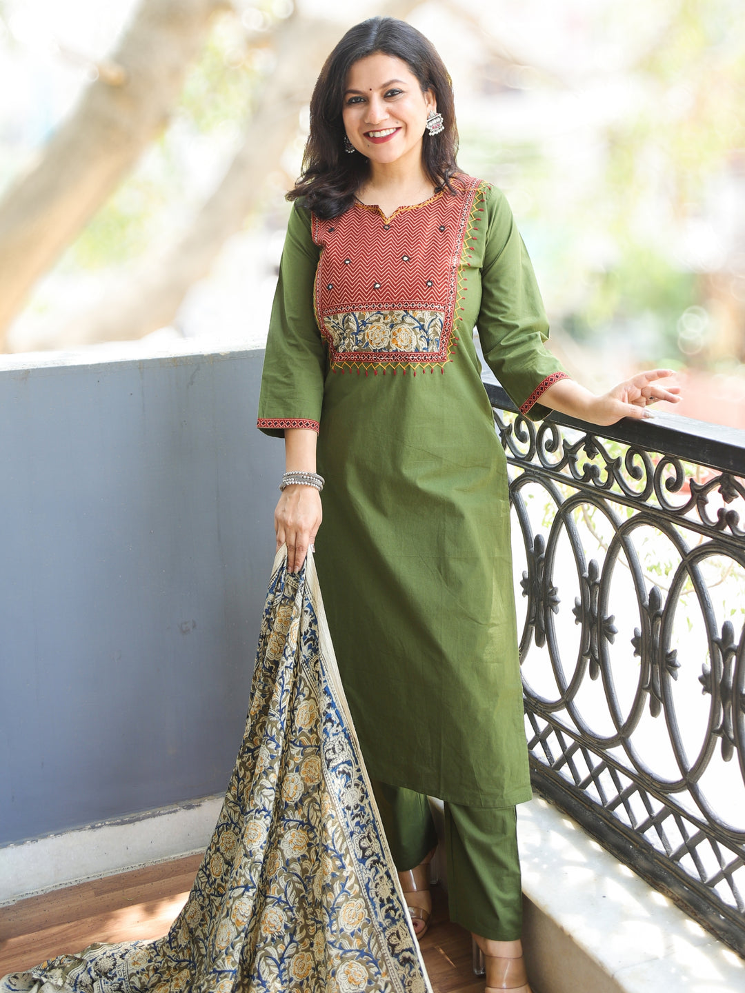 Pankhudi Forest Green Zig-Zag Print Patch with Mirror Detailing Cotton 3 Piece Set