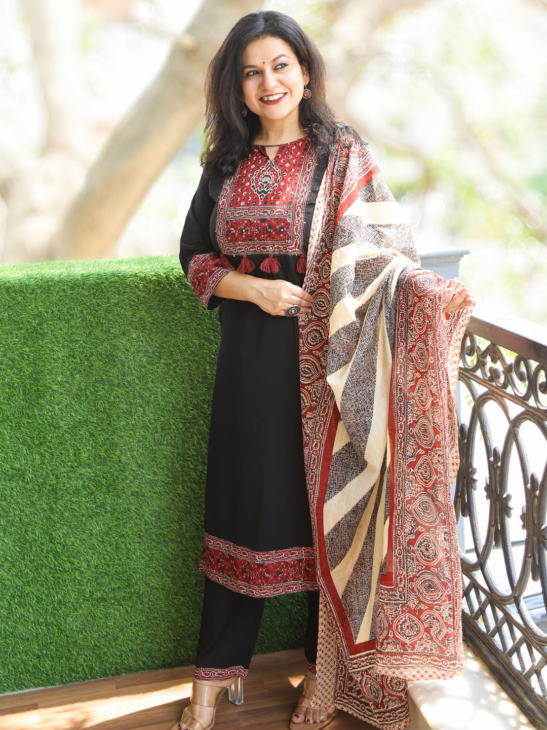 Roobi Midnight Black Ajrak Printed Patch Neck Work Cotton 3 Piece Set