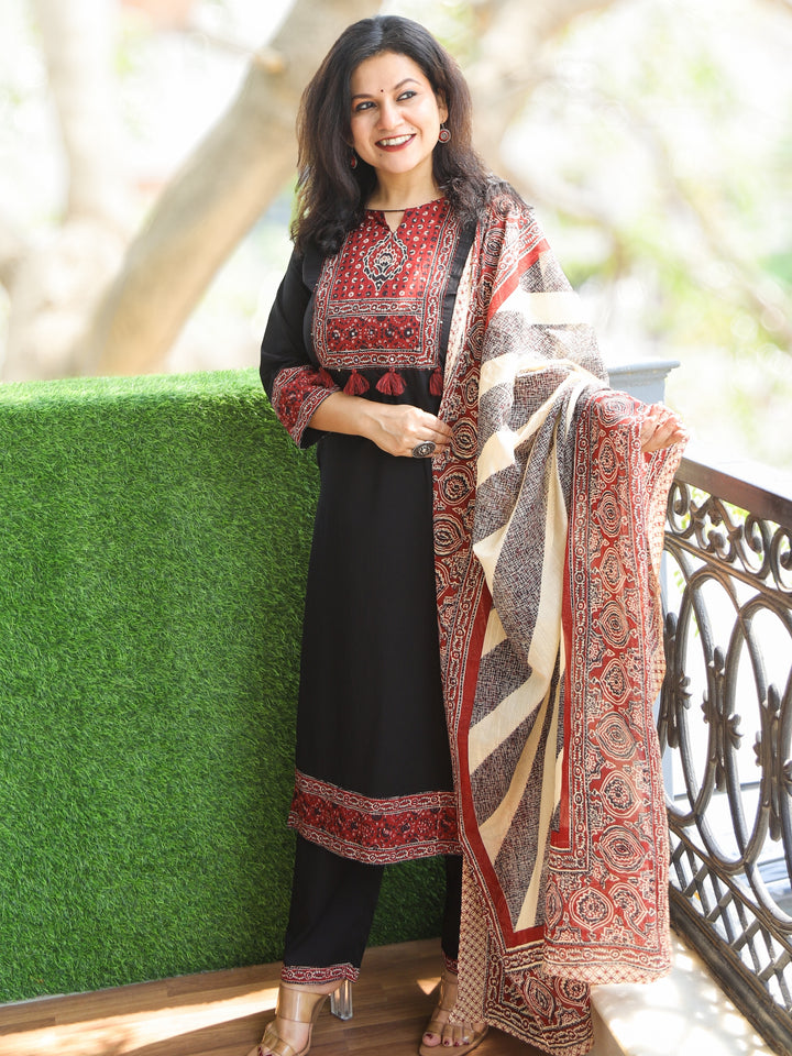 Roobi Midnight Black Ajrak Printed Patch Neck Work Cotton 3 Piece Set