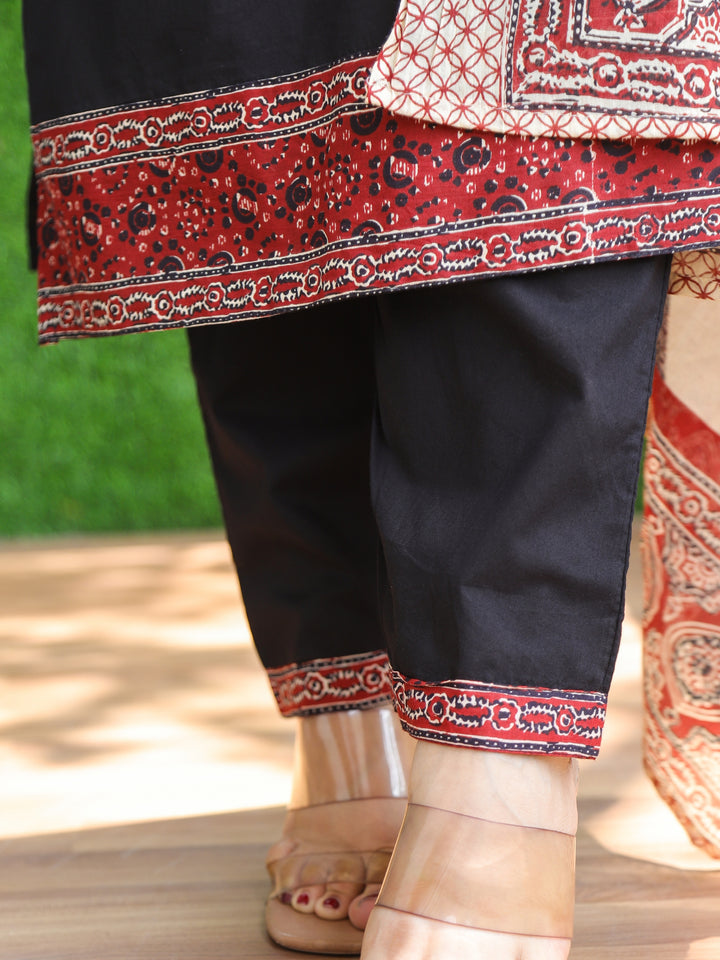 Roobi Midnight Black Ajrak Printed Patch Neck Work Cotton 3 Piece Set