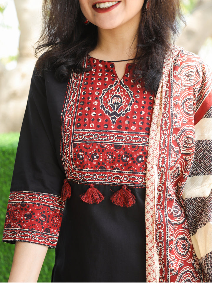 Roobi Midnight Black Ajrak Printed Patch Neck Work Cotton 3 Piece Set