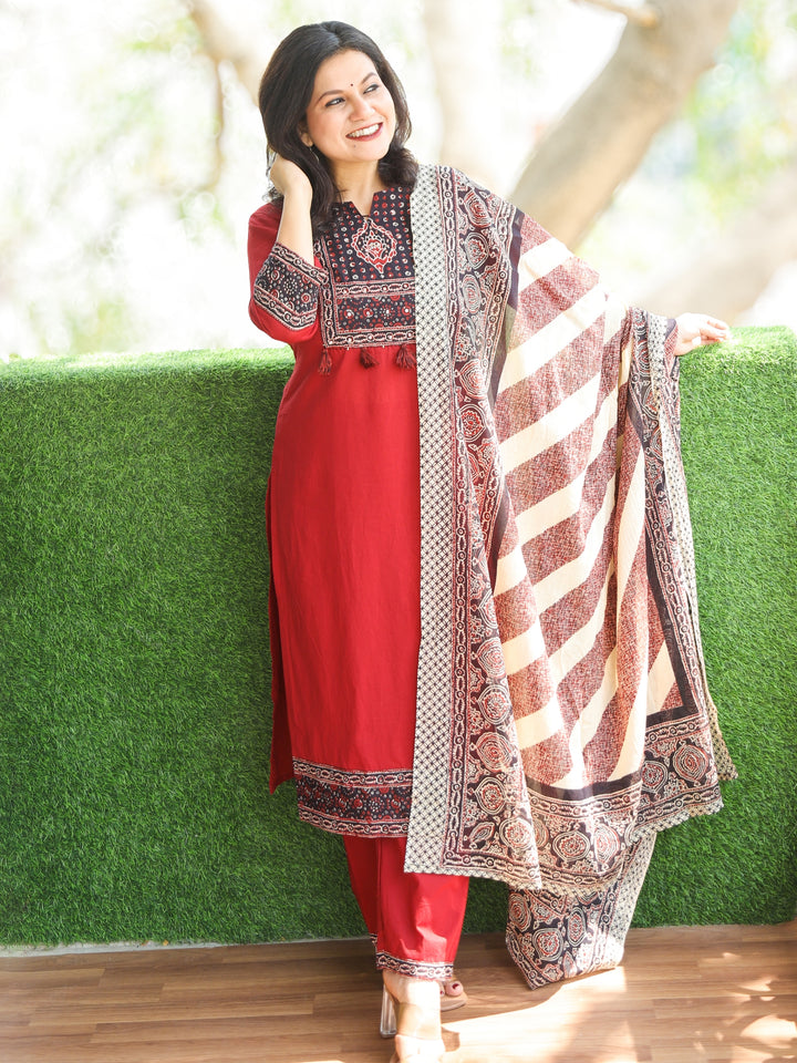 Roobi Maroon Red Ajrak Printed Patch Neck Work Cotton 3 Piece Set