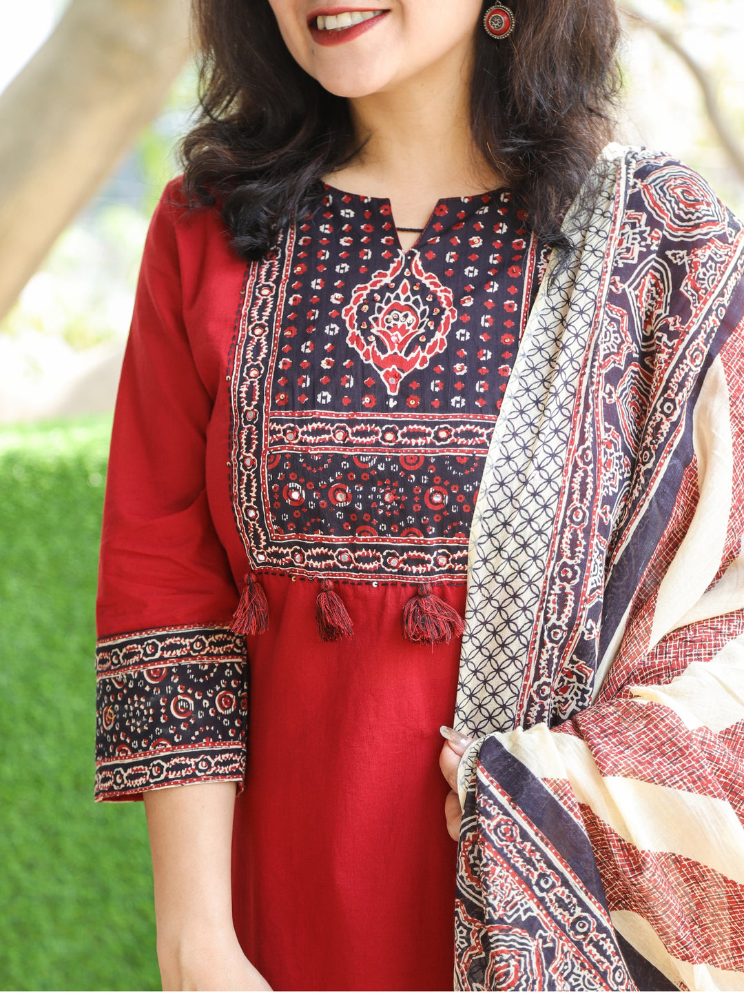 Roobi Maroon Red Ajrak Printed Patch Neck Work Cotton 3 Piece Set