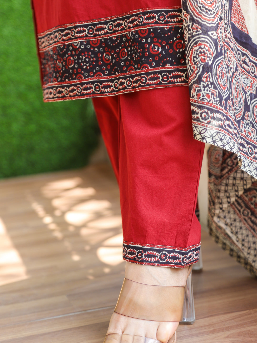 Roobi Maroon Red Ajrak Printed Patch Neck Work Cotton 3 Piece Set