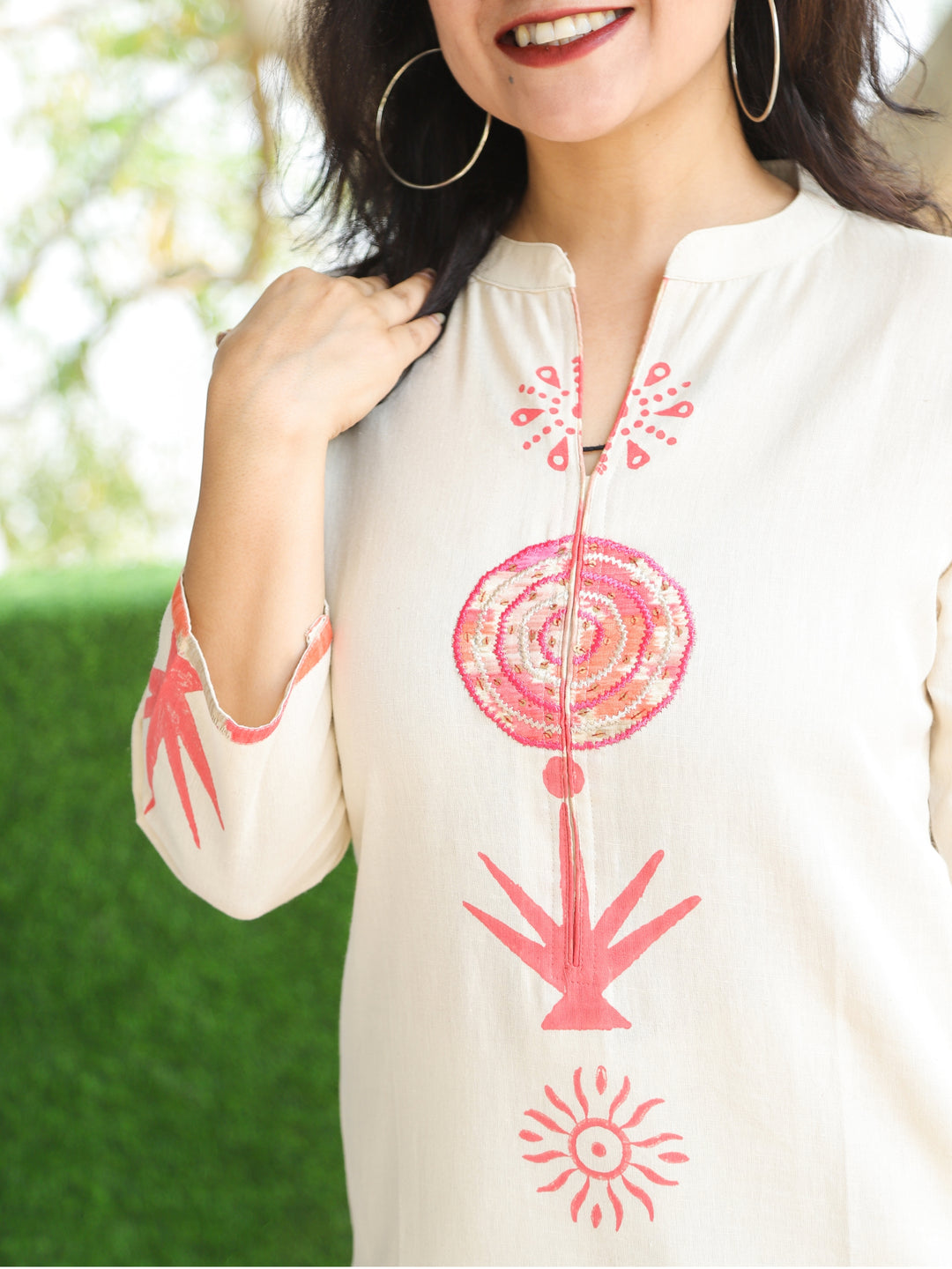 Rooprani Buttermilk Beige Embroidered Patch with Hand Painted Cotton Kurti