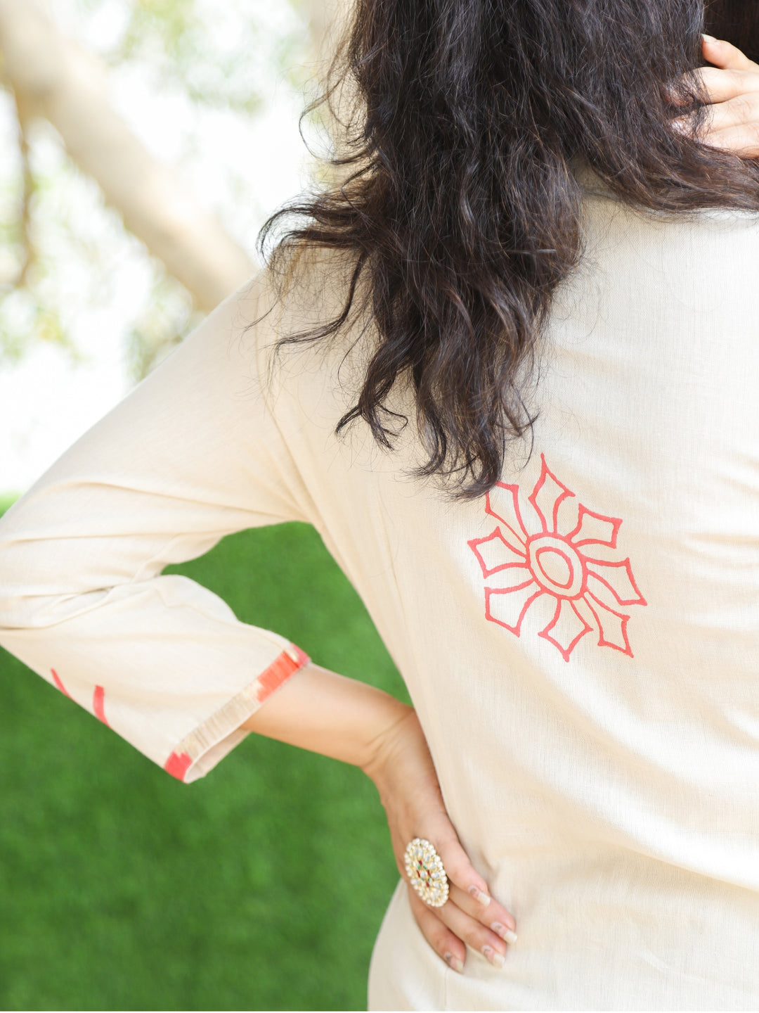 Rooprani Buttermilk Beige Embroidered Patch with Hand Painted Cotton Kurti