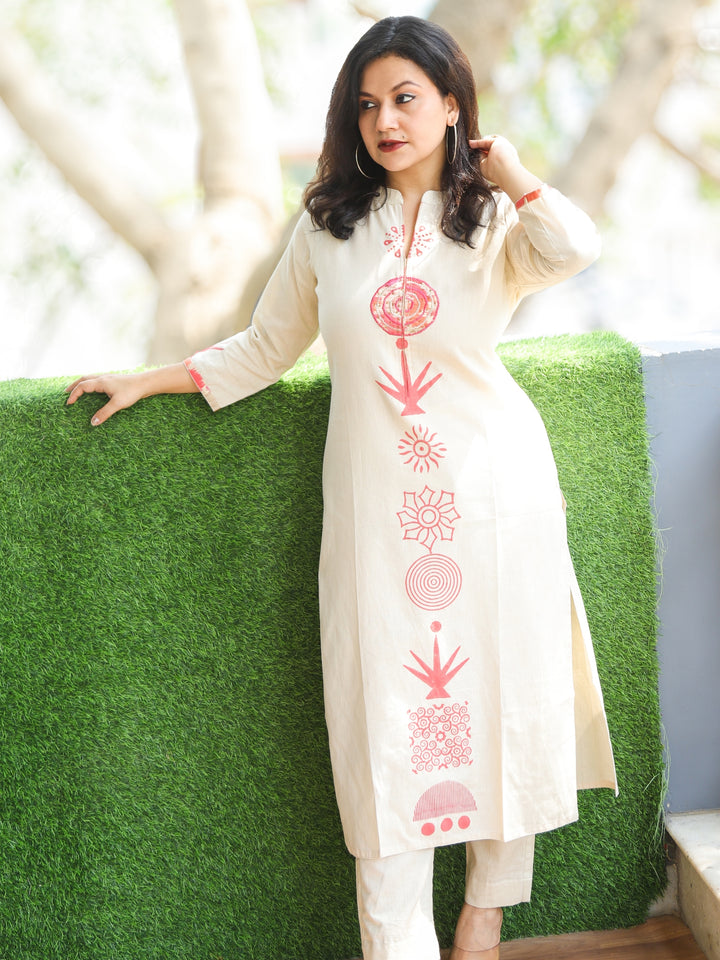 Rooprani Buttermilk Beige Embroidered Patch with Hand Painted Cotton Kurti