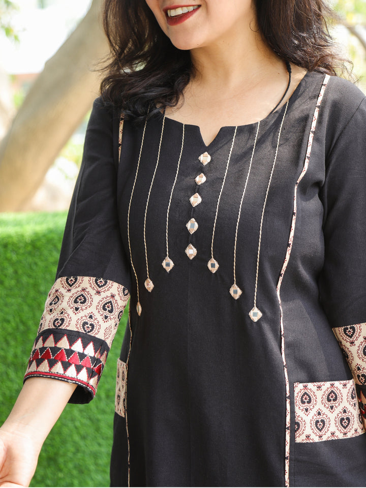 Aafeemi Midnight Black Mirror Neck Work with Pocket Cotton Kurti