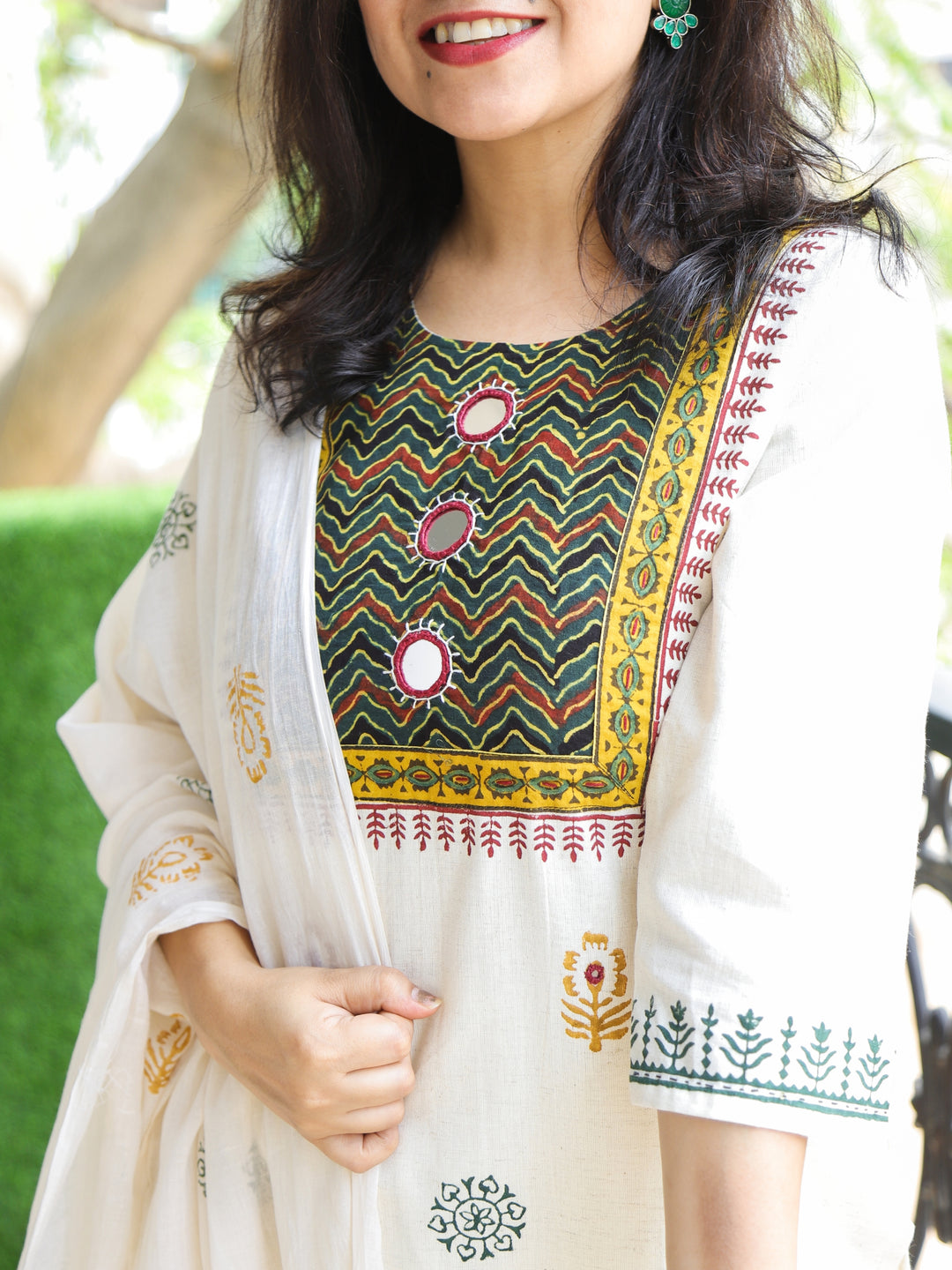 Roobi Shell White Kutch Work Patch Block Print Cotton 3 Piece Set-D2