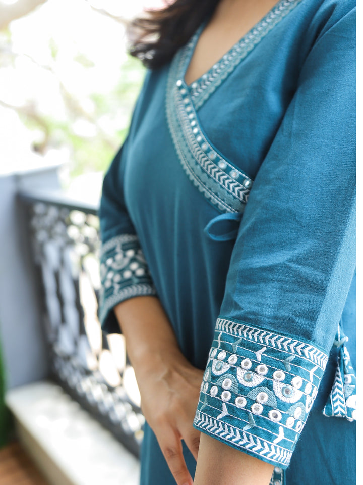 Rooprani Cerulean Blue Angrakha Embellish Neck and Sleeve Work Short Cotton Kurti