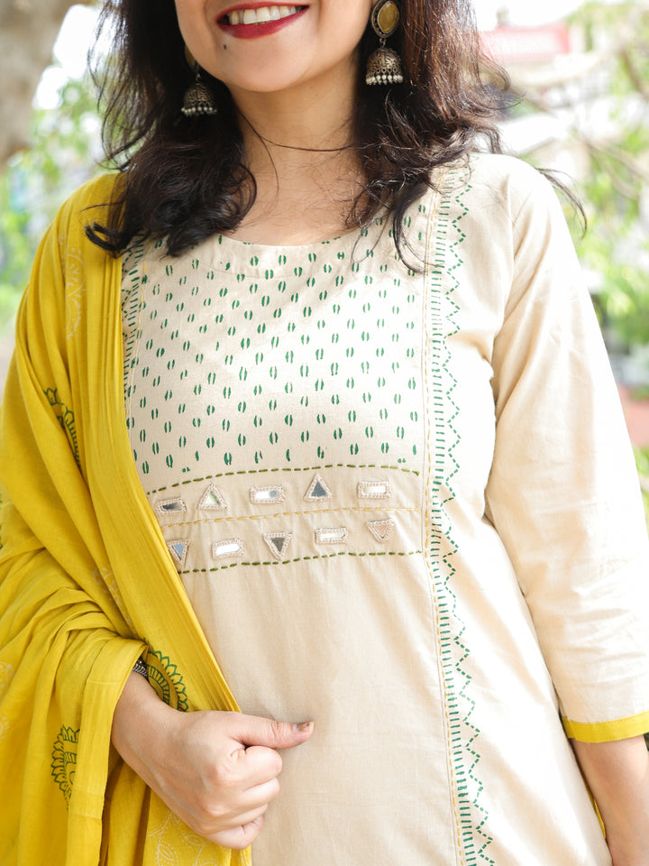 Roobi Frappe Beige Block Print Neck with Mirror Work Cotton 3 Piece Set